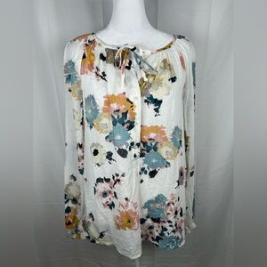 Lucky Brand Floral Keyhole Peasant Blouse Size Small Cream Blue Watercolor Print